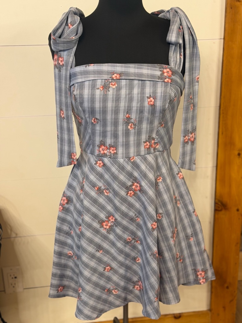 Francesca's Collections Blue Plaid Mini Dress with Pink Floral Ties